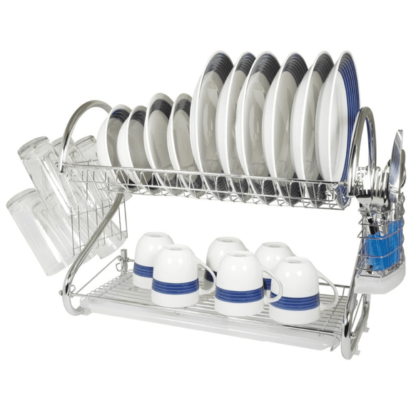 Dish rack with plates and cups on a white background