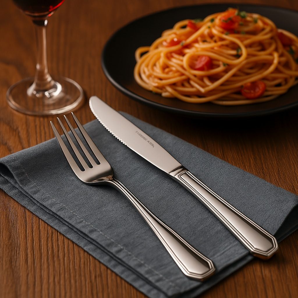 Silver fork and knife on a gray napkin with a plate of spaghetti and a glass of red wine in the background.