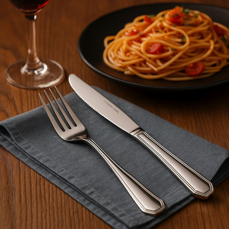 Silver fork and knife on a gray napkin with a plate of spaghetti and a glass of red wine in the background.