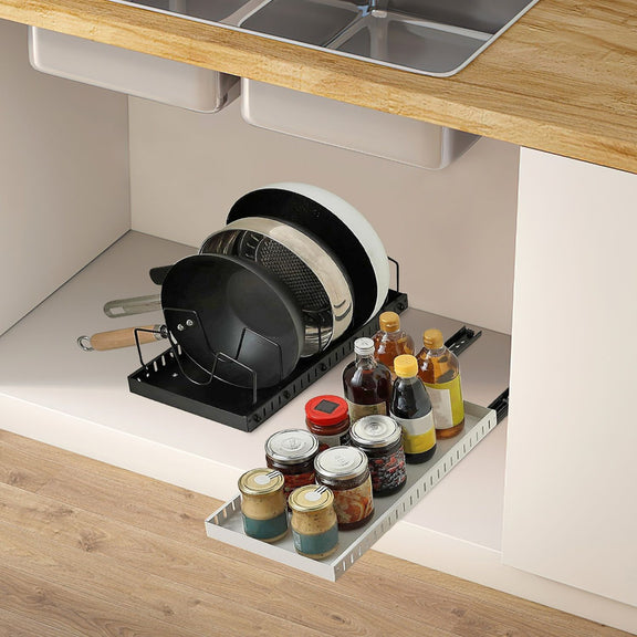 Under-cabinet organizer with cookware and food items in a kitchen setting