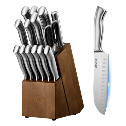 Knife set with wooden block and Vevor branding on a white background