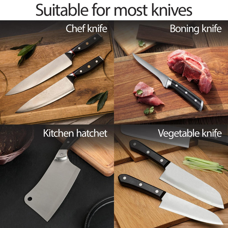 Collection of knives including chef, boning, kitchen hatchet, and vegetable knives on wooden cutting boards.
