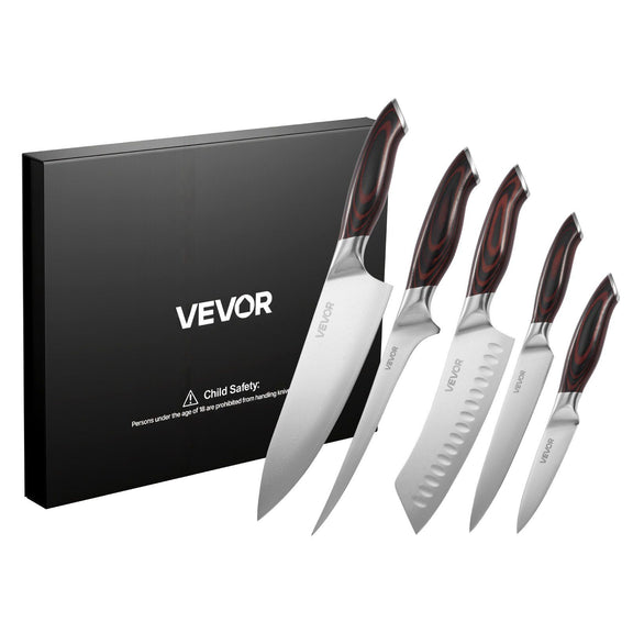 Set of Vevor knives with a black box on a white background