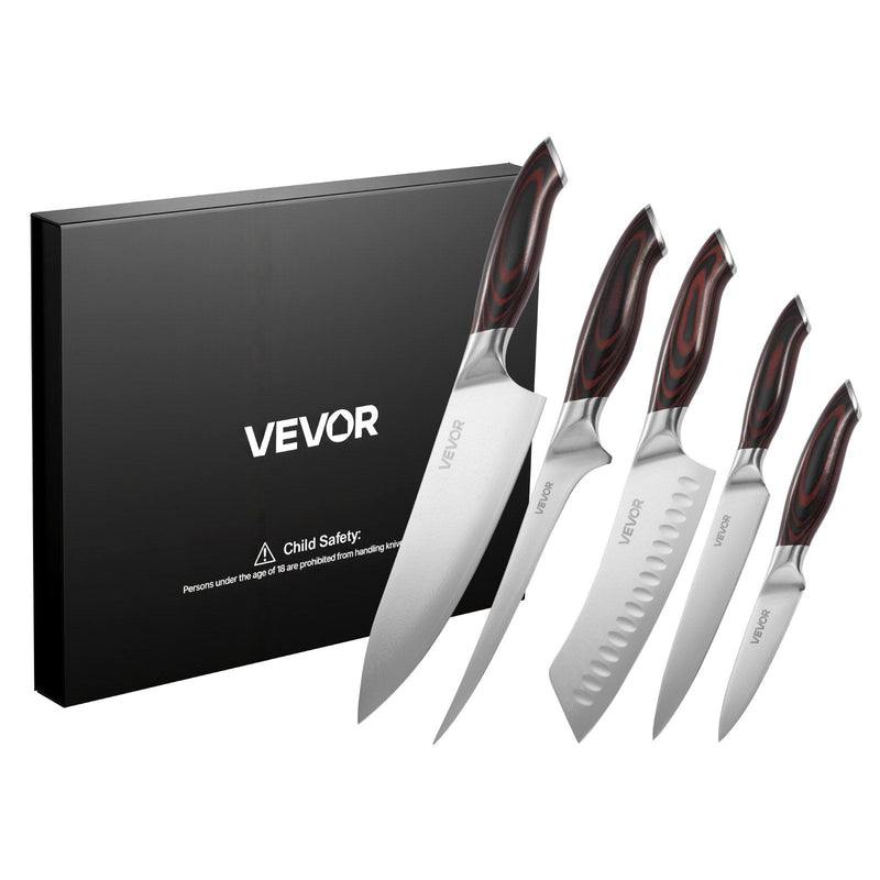 Set of Vevor knives with a black box on a white background