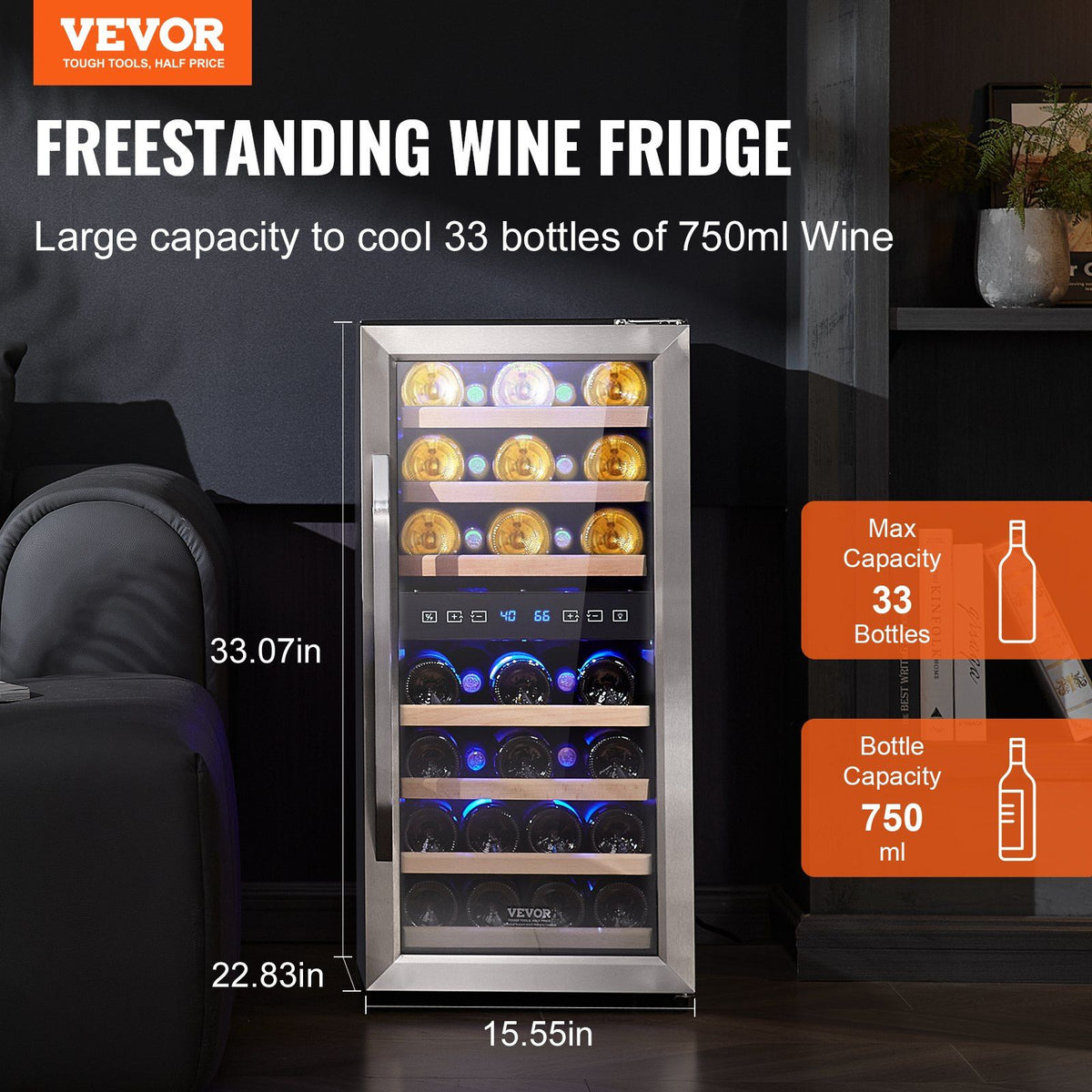 Vevor freestanding wine fridge with wine bottles inside, shown in a home setting.