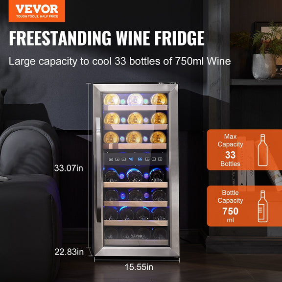 Vevor freestanding wine fridge with wine bottles inside, shown in a home setting.