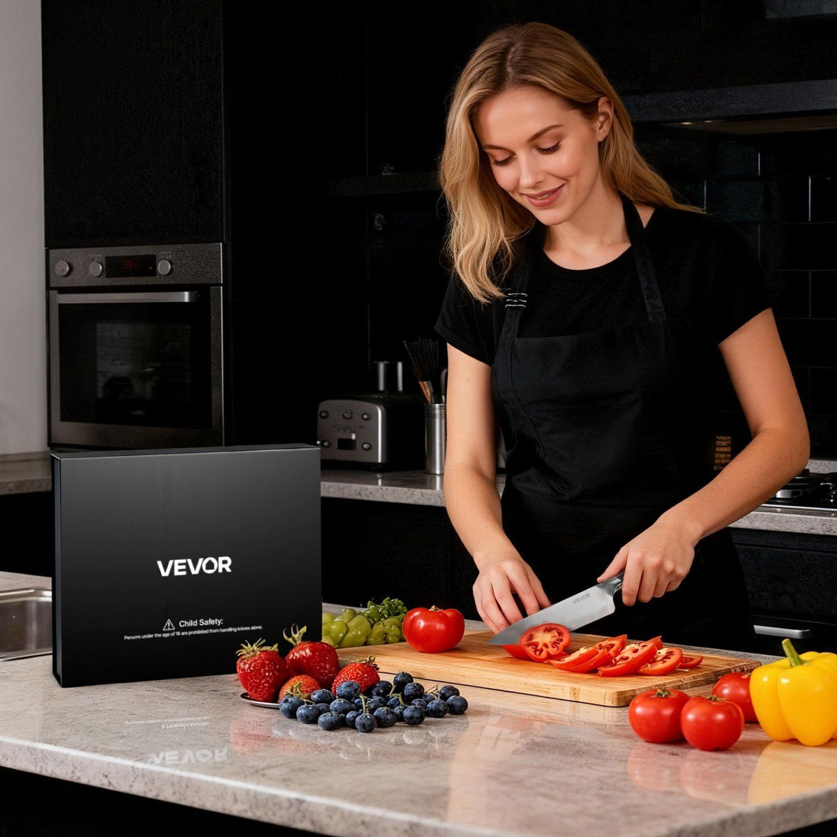Woman in a kitchen preparing food with a VEVOR knife block in the foreground.