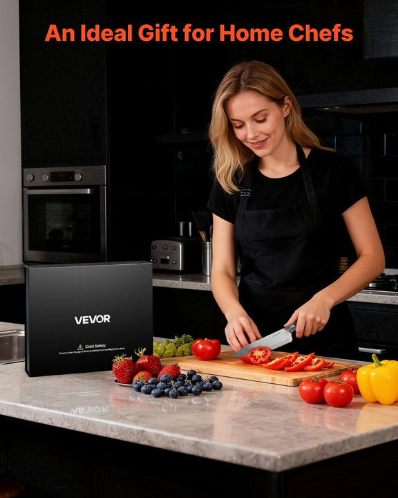 Woman in a kitchen preparing food with a VEVOR knife block in the foreground.