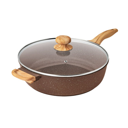 Brown speckled cookware set with wooden handles and lid on a white background