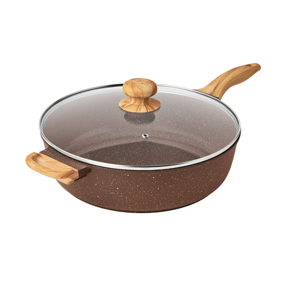 Brown speckled cookware set with wooden handles and lid on a white background