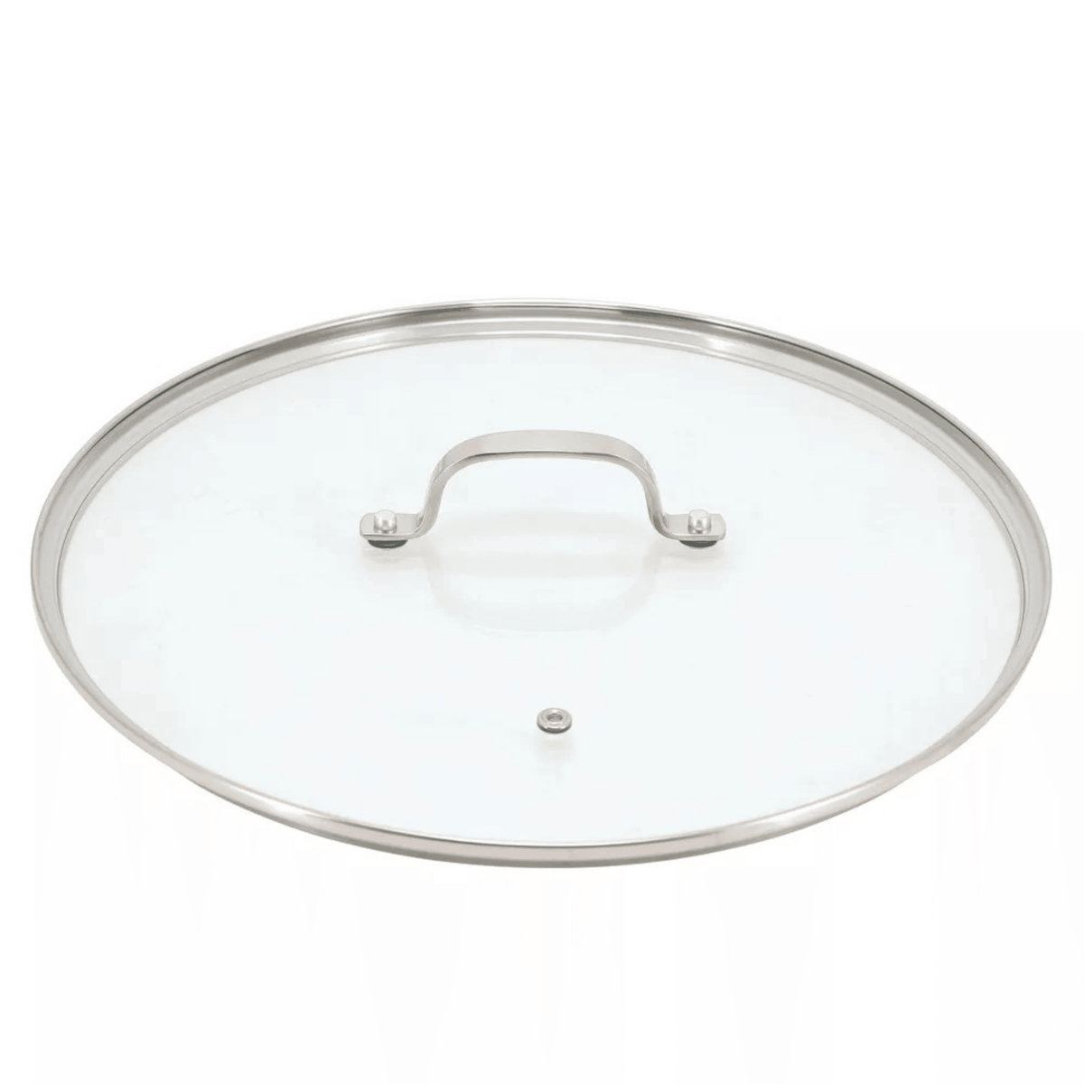 Clear glass lid with silver rim and handle on a white background