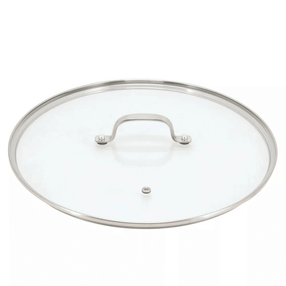 Clear glass lid with silver rim and handle on a white background