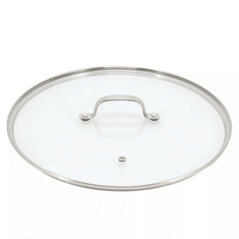 Clear glass lid with silver rim and handle on a white background