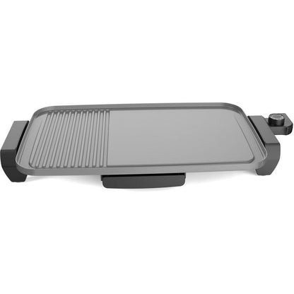 Gray electric griddle on a white background