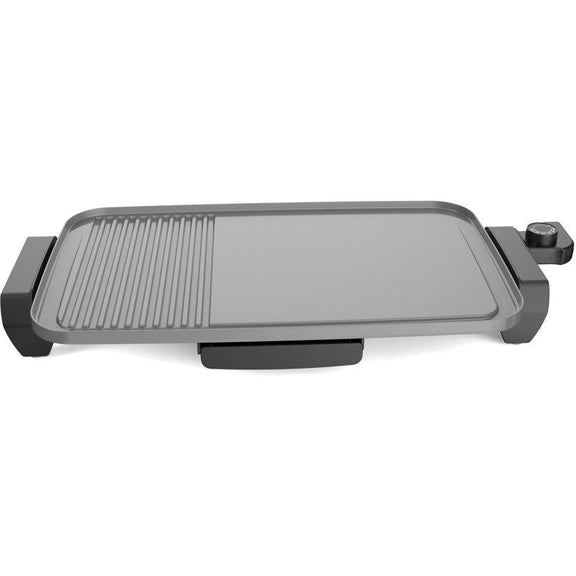 Gray electric griddle on a white background