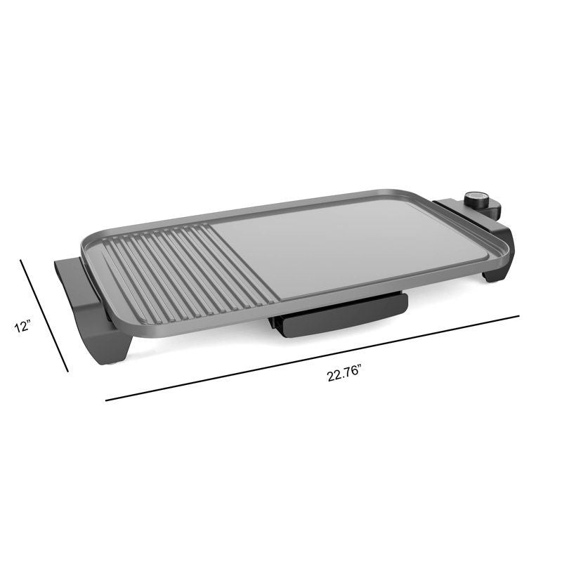Electric griddle with dimensions on a white background