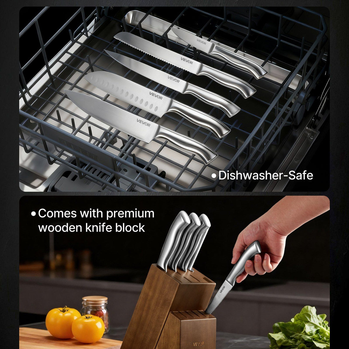 Set of knives in a dishwasher and on a counter with a wooden block, highlighting features like dishwasher safety and premium wooden block.