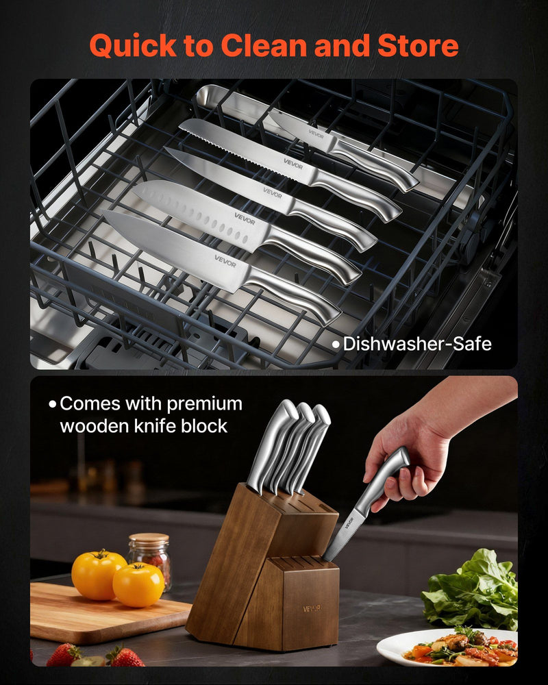 Set of knives in a dishwasher and on a counter with a wooden block, highlighting features like dishwasher safety and premium wooden block.