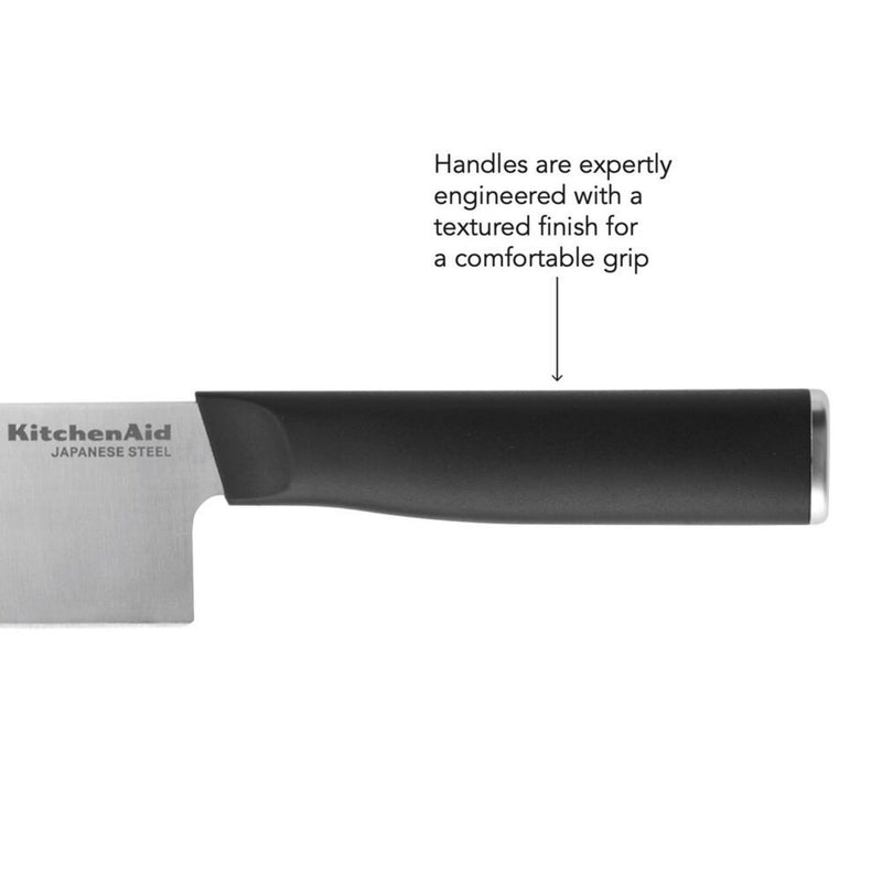 Knife with a textured handle on a white background, featuring KitchenAid branding.