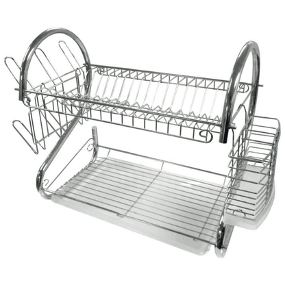 Chrome dish rack with two tiers on a white background