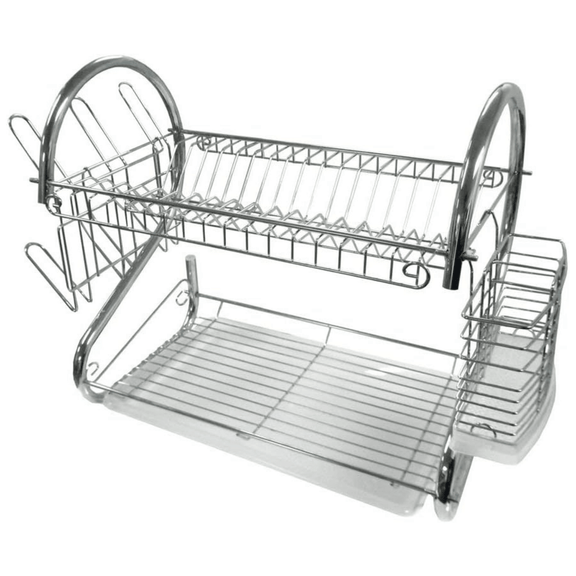 Chrome dish rack with two tiers on a white background