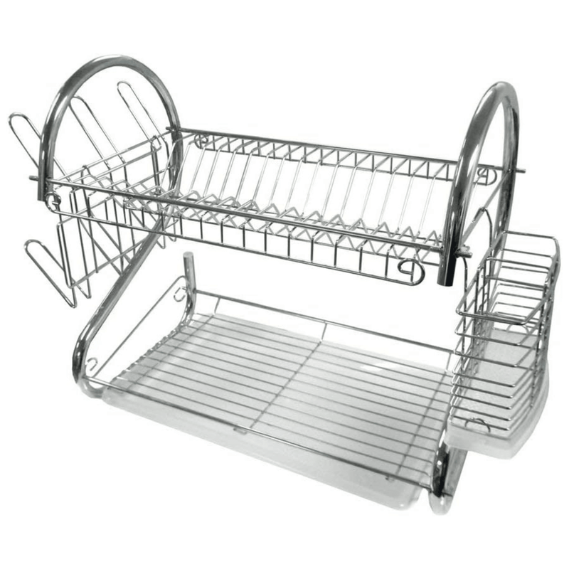 Chrome dish rack with two tiers on a white background