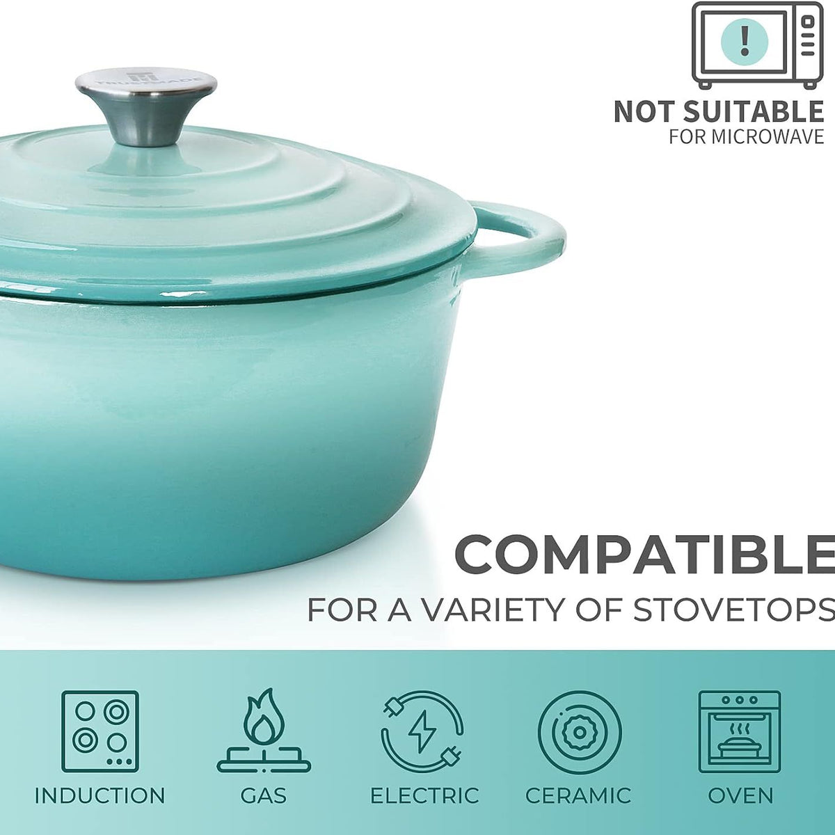 Turquoise enameled cast iron Dutch oven with compatibility icons on a white background