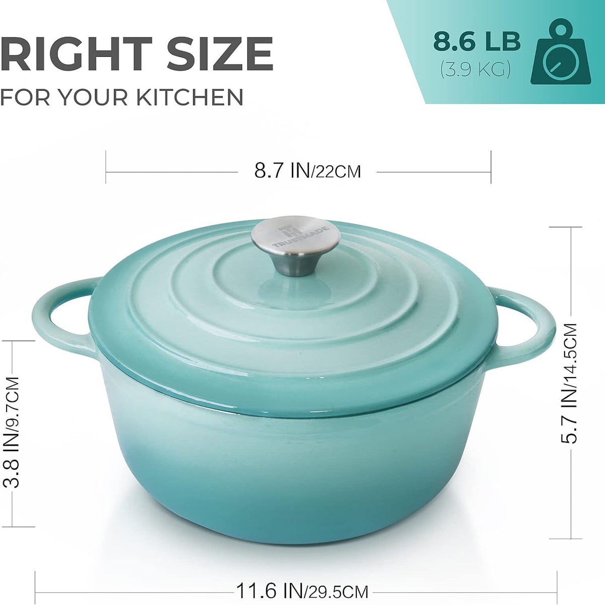 Turquoise enameled cast iron Dutch oven with dimensions and weight displayed on a white background