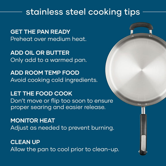 Stainless steel cooking pan with tips on a blue background