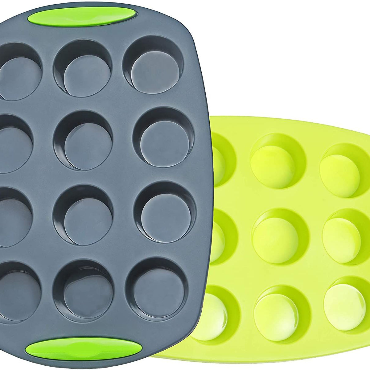 Two silicone baking molds, one gray and one green with pink accents, on a white background.
