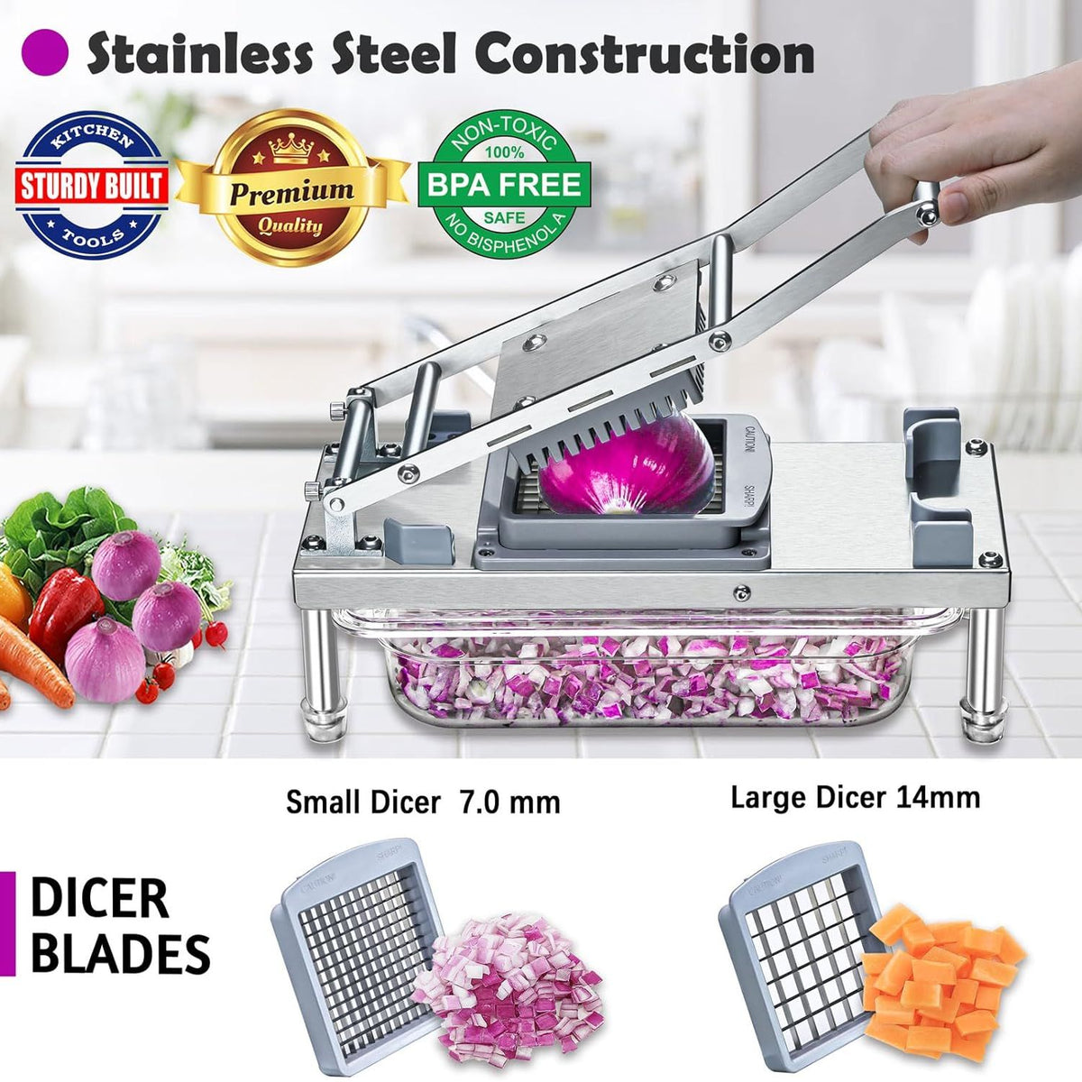 Multifunction chopper and grater with different blade types and images of onions, carrots, peppers