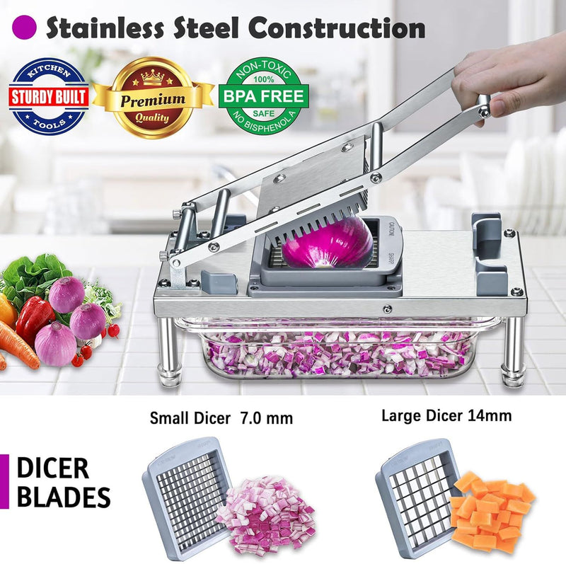 Multifunction chopper and grater with different blade types and images of onions, carrots, peppers