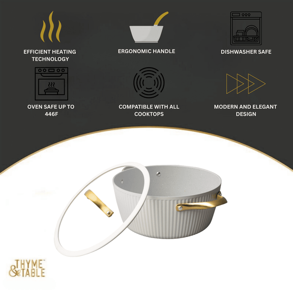 Beige half open dutch oven with labels of cooking types
