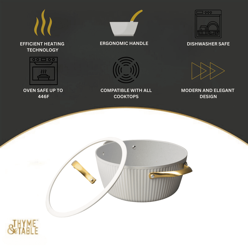 Beige half open dutch oven with labels of cooking types