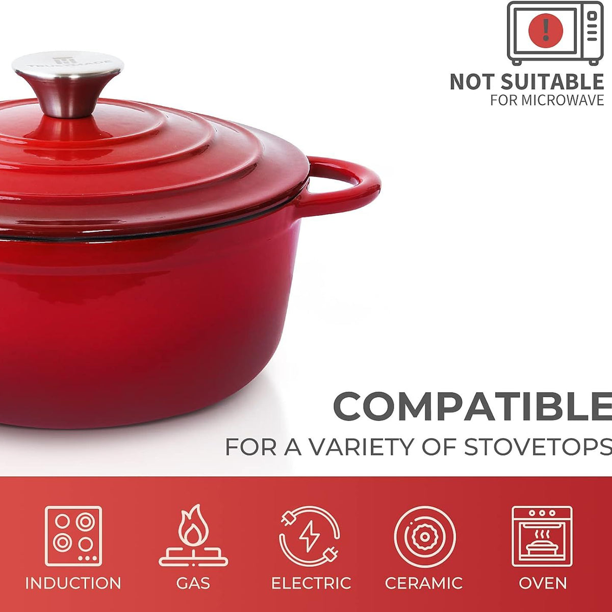 Red cast iron cookware with compatibility icons on a white background