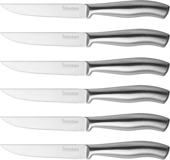 Set of six steak knives with serrated blades and handles on a white background