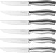 Set of six steak knives with serrated blades and handles on a white background