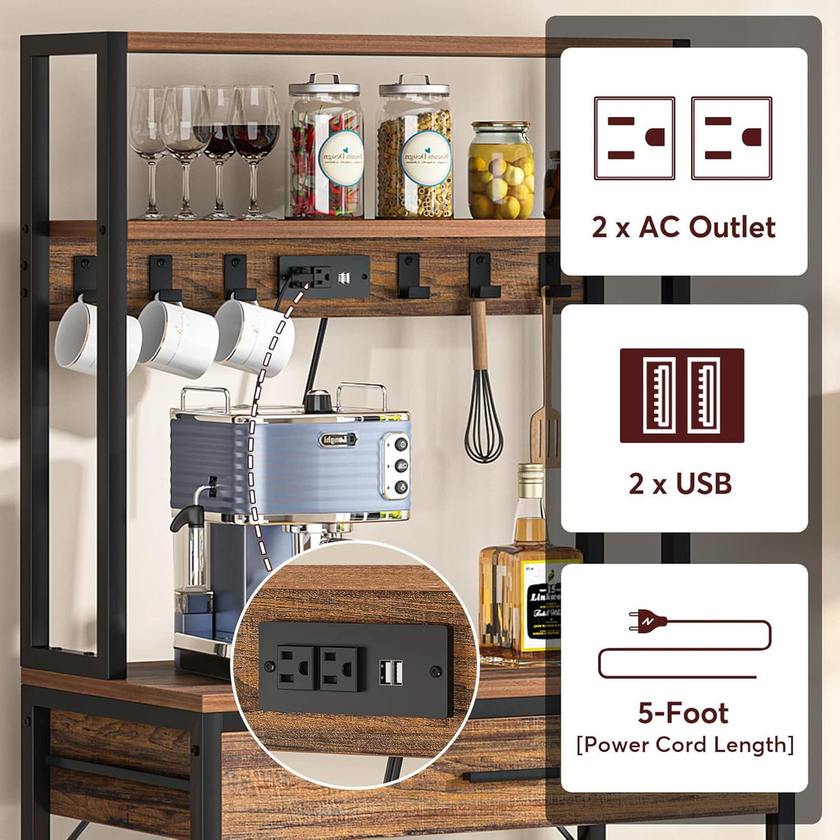 Wooden kitchen island with coffee machine, mugs, and storage jars, featuring electrical outlets and USB ports.