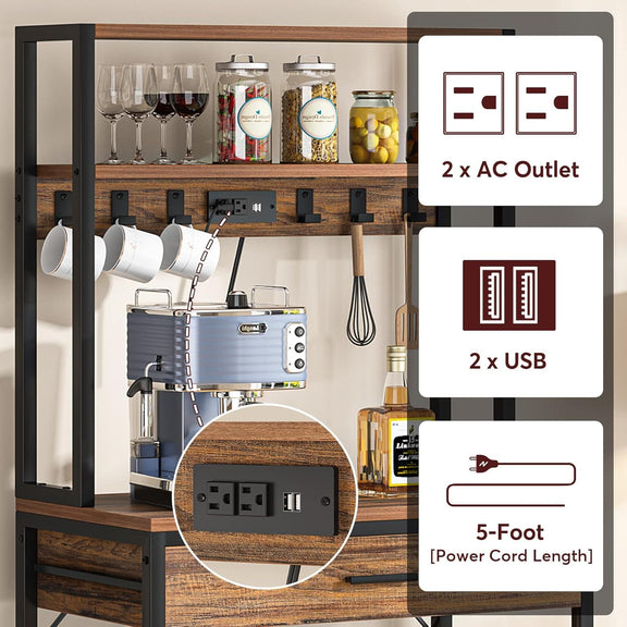 Wooden kitchen island with coffee machine, mugs, and storage jars, featuring electrical outlets and USB ports.