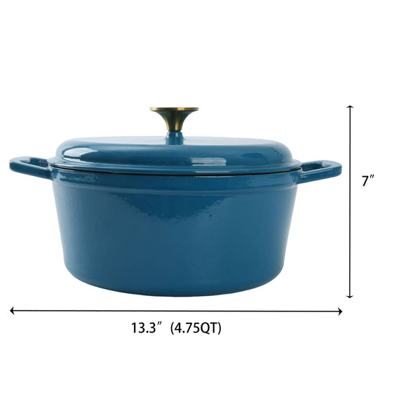Blue 4.75 quart enameled cast iron dutch oven with dimensions on white background