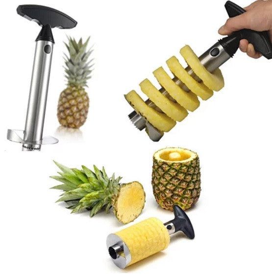 Pineapple peeler tool with a pineapple, showing the process of peeling.