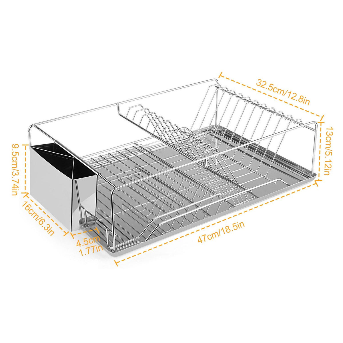 Stainless steel dish rack with dimensions on a white background