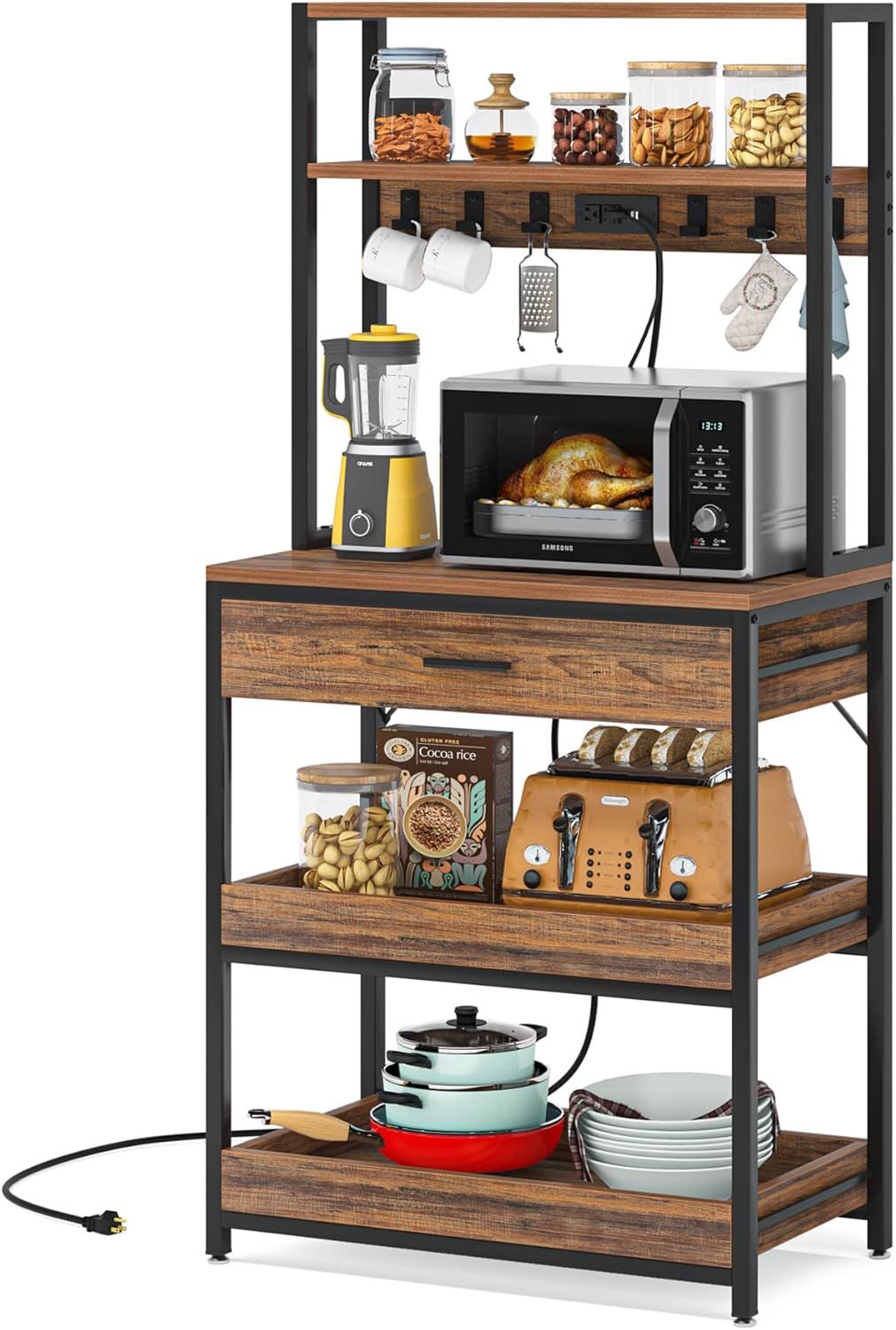 Wooden kitchen island with shelves holding kitchen appliances and items.