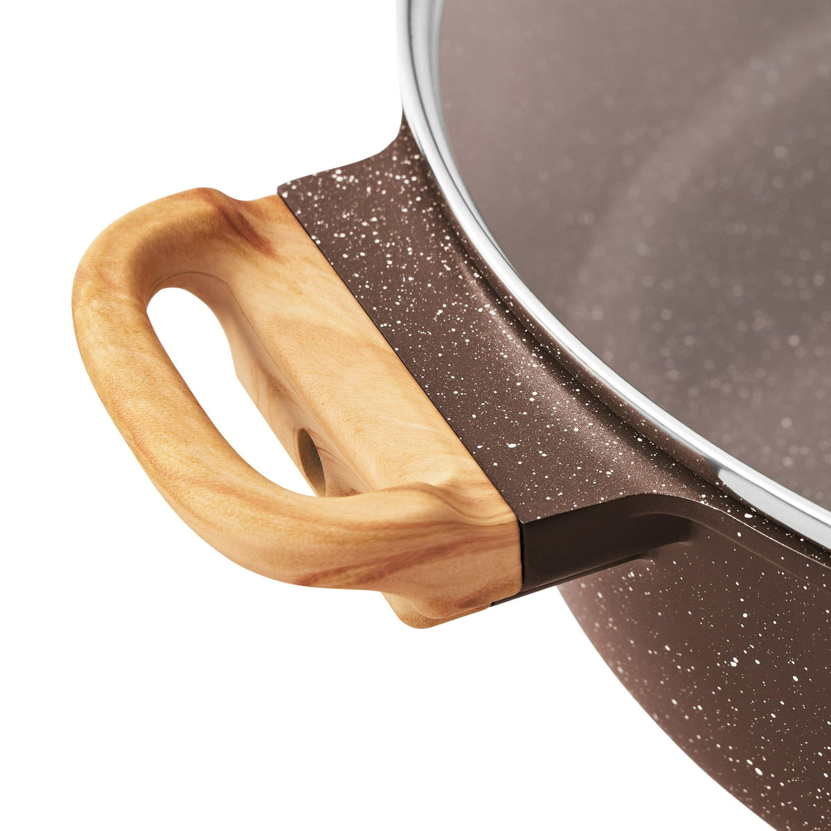 Close-up of a frying pan with a wooden handle on a white background