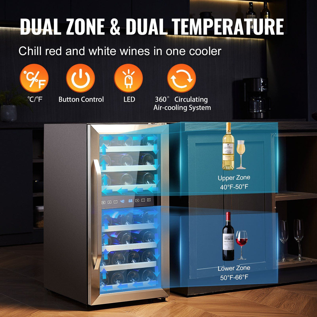 Wine cooler with dual zone and temperature control features, shown in a home setting.