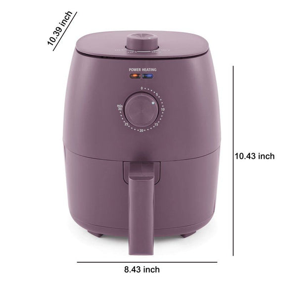 Purple air fryer with dimensions indicated on a white background