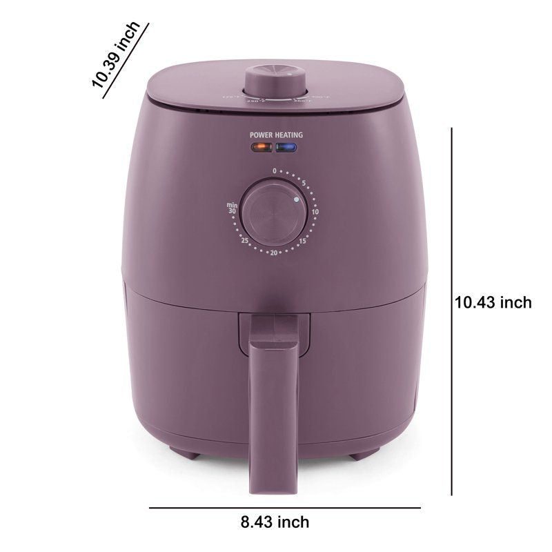 Purple air fryer with dimensions indicated on a white background