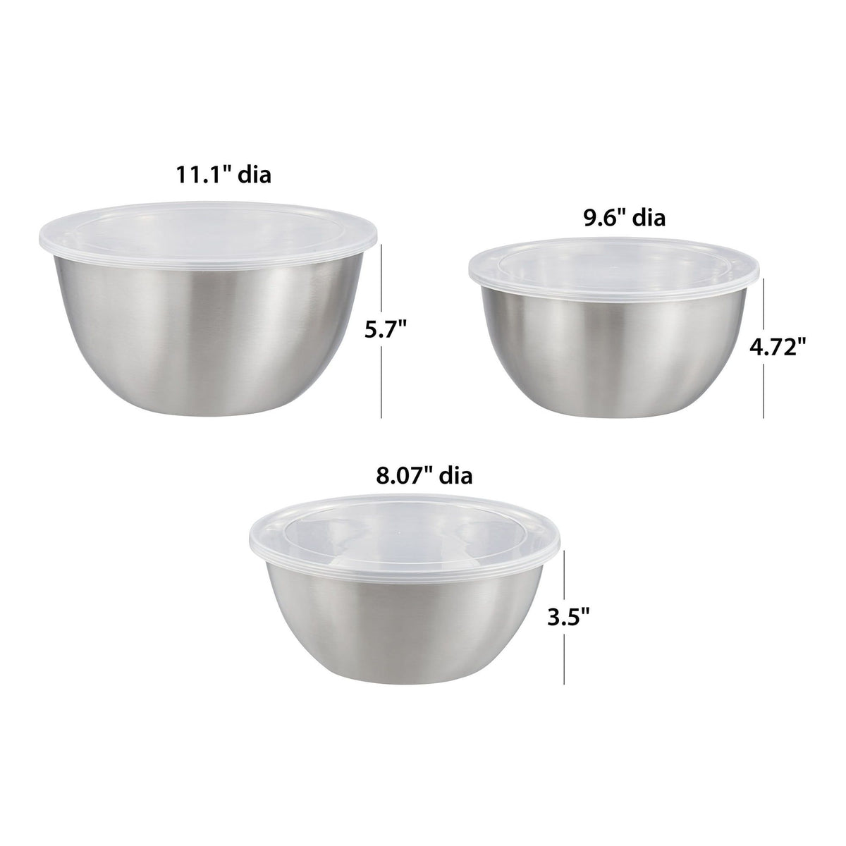 Three stainless steel mixing bowls with dimensions indicated on a white background