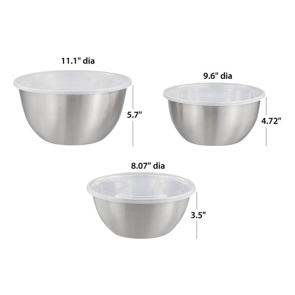 Three stainless steel mixing bowls with dimensions indicated on a white background