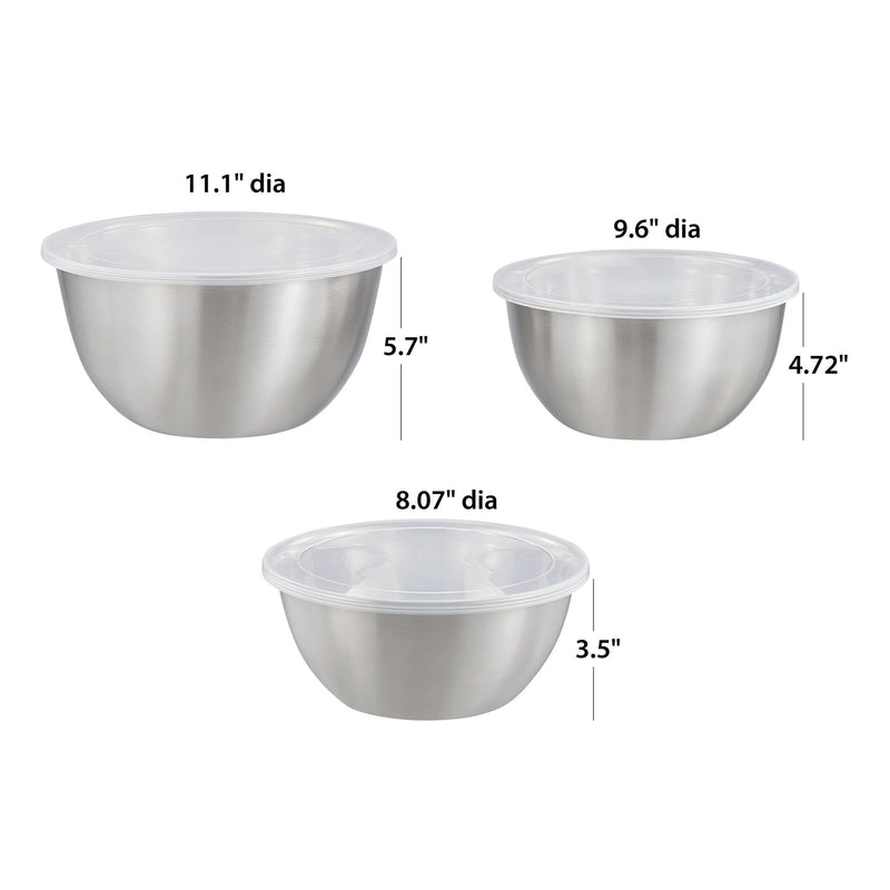 Three stainless steel mixing bowls with dimensions indicated on a white background